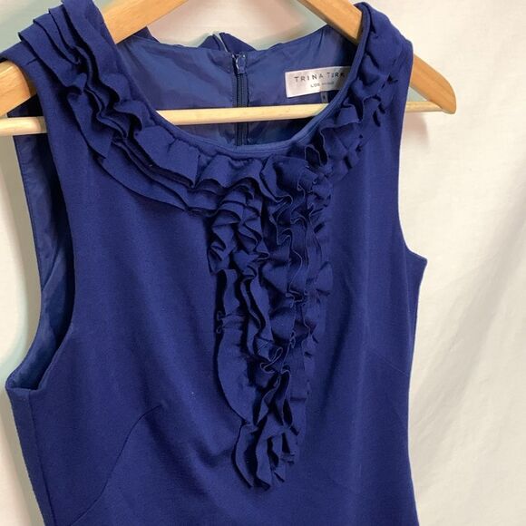 Trina Turk Cobalt Blue Ruffle Front Sleeveless Knee Length Sheath Dress Size 0 - Picture 6 of 13